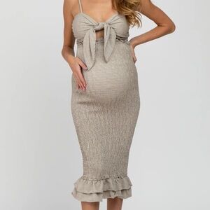 Pinkblush Mocha Gingham Print Smocked Fitted Self-Tie Maternity Midi Dress Small